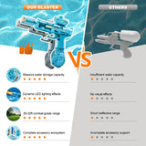 Comparison chart highlighting the electric water gun's massive capacity, dynamic LED lighting effects, and 26-32ft combat range versus standard water pistols.