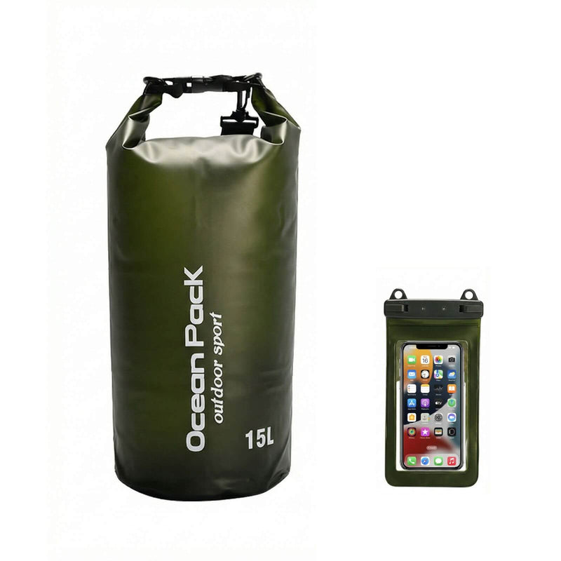 15L Army Green waterproof dry bag Ocean Pack with phone pouch for camping and hiking.