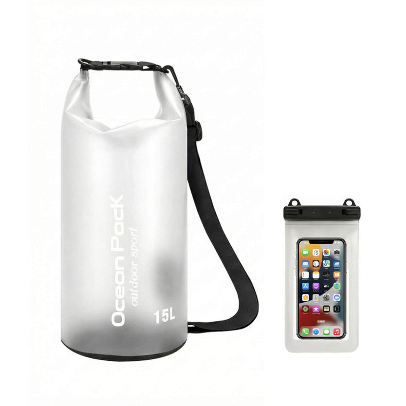 15L Clear Transparent waterproof dry bag Ocean Pack with white phone pouch.