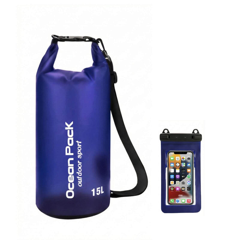 15L Dark Blue Royal Blue waterproof dry bag Ocean Pack with phone pouch accessory.