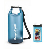 15L Light Blue Ocean Pack waterproof bag with phone case for kayaking and beach.