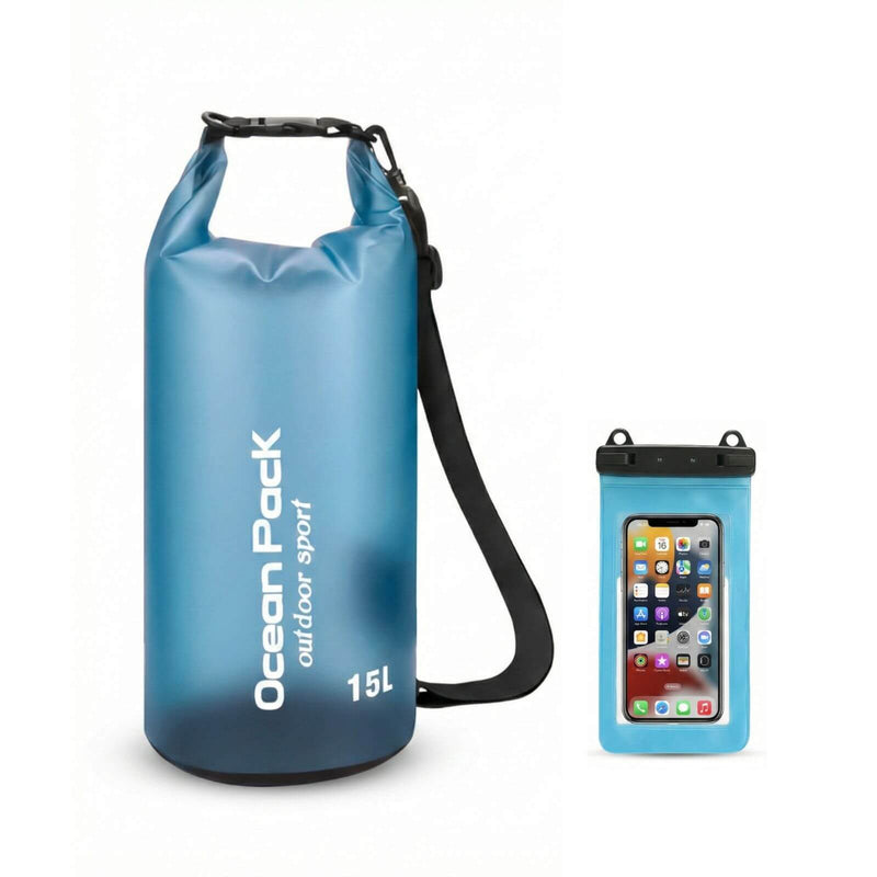 15L Light Blue Ocean Pack waterproof bag with phone case for kayaking and beach.