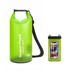 15L Lime Green waterproof dry bag Ocean Pack including matching phone pouch.