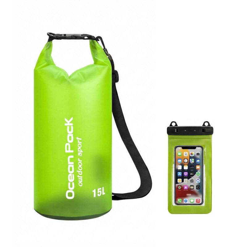 15L Lime Green waterproof dry bag Ocean Pack including matching phone pouch.