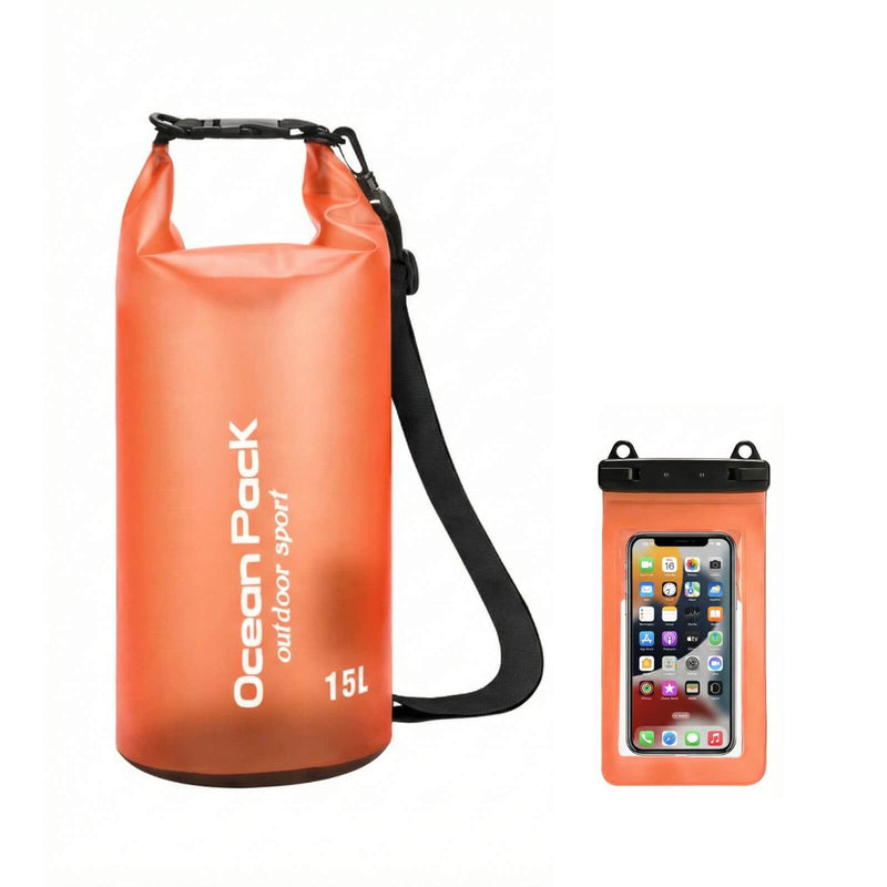 15L Orange Ocean Pack waterproof dry bag with matching phone case set.