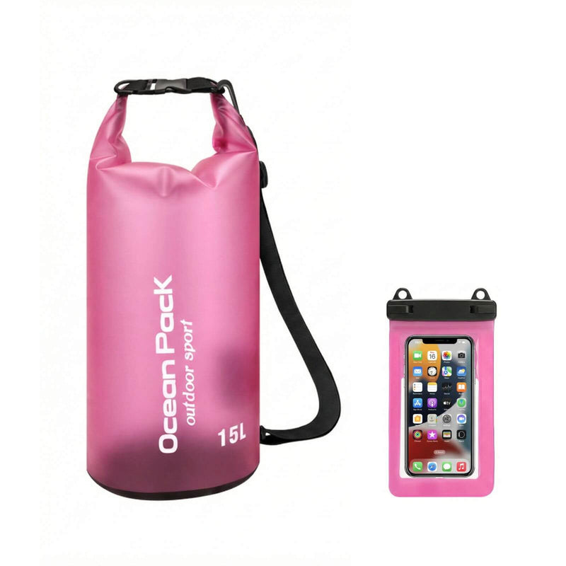 15L Pink Ocean Pack waterproof dry bag with matching pink phone pouch for outdoor sports.