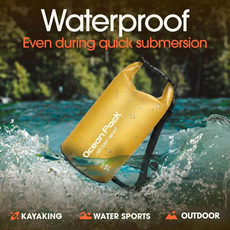 Yellow 15L Ocean Pack dry bag floating in water, demonstrating waterproof protection for kayaking and water sports.