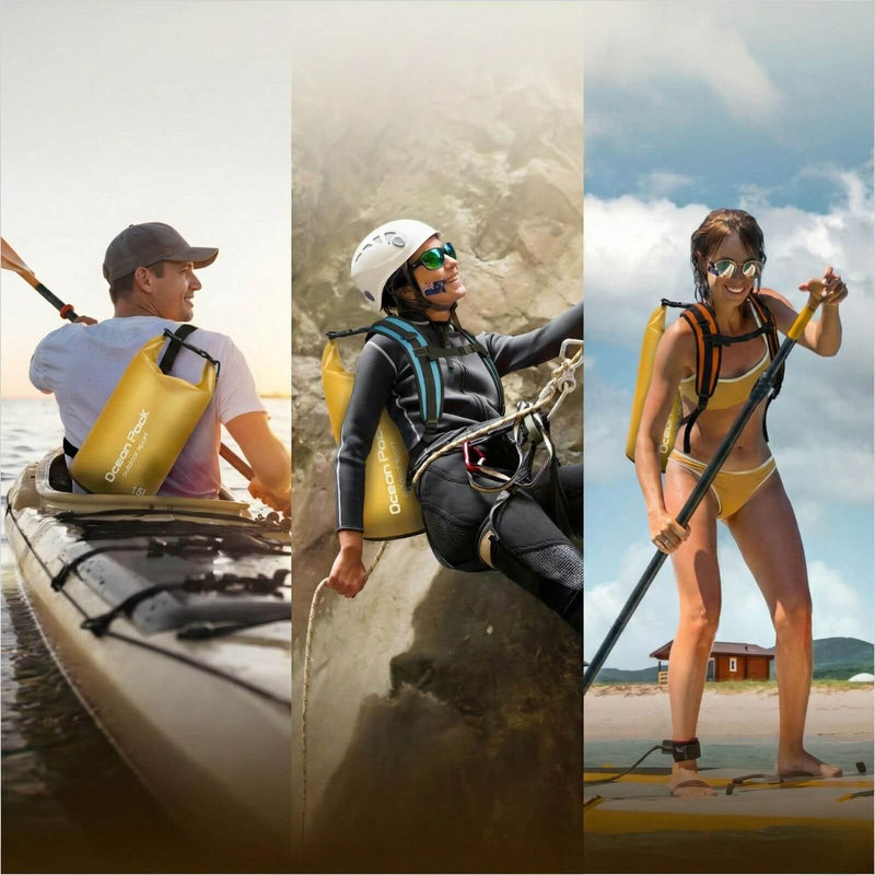 Collage showing yellow 15L waterproof dry bag used for kayaking, canyoning, and stand up paddle boarding.