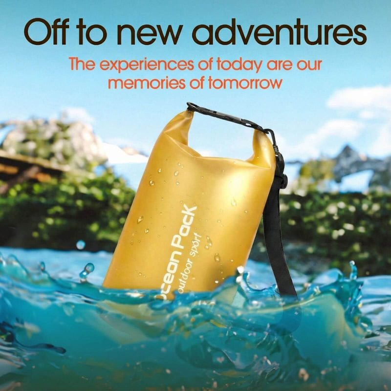 Yellow waterproof dry bag floating in river water, heavy duty gear for outdoor adventures.