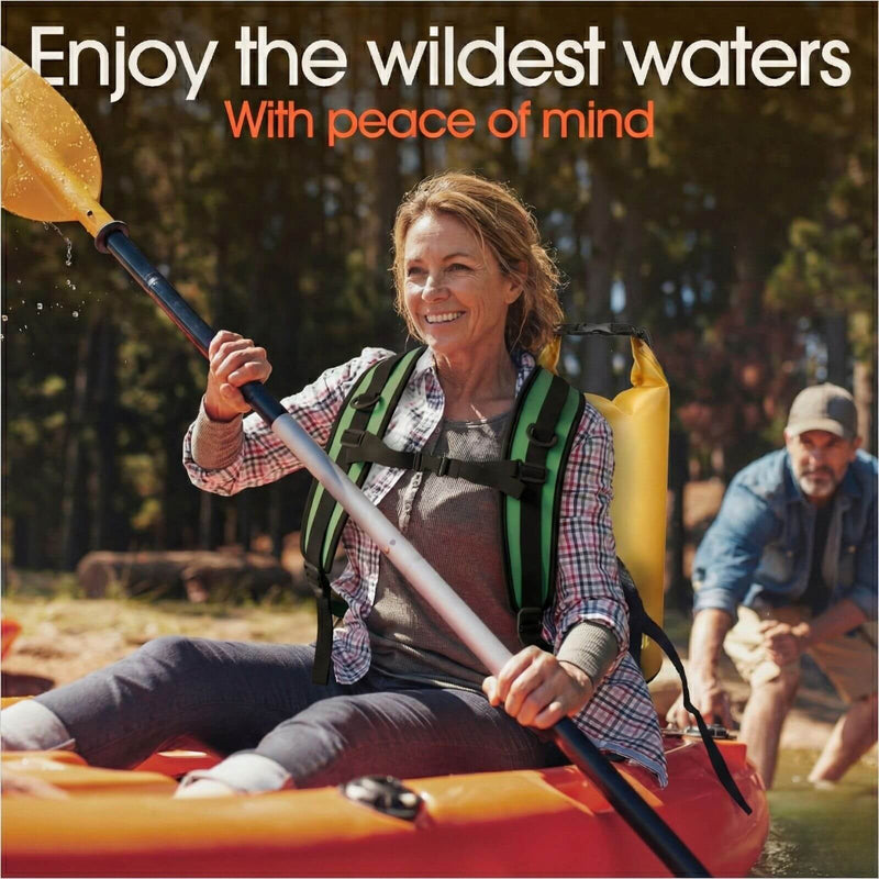 Woman kayaking on a river wearing a yellow waterproof dry bag backpack to keep gear dry.
