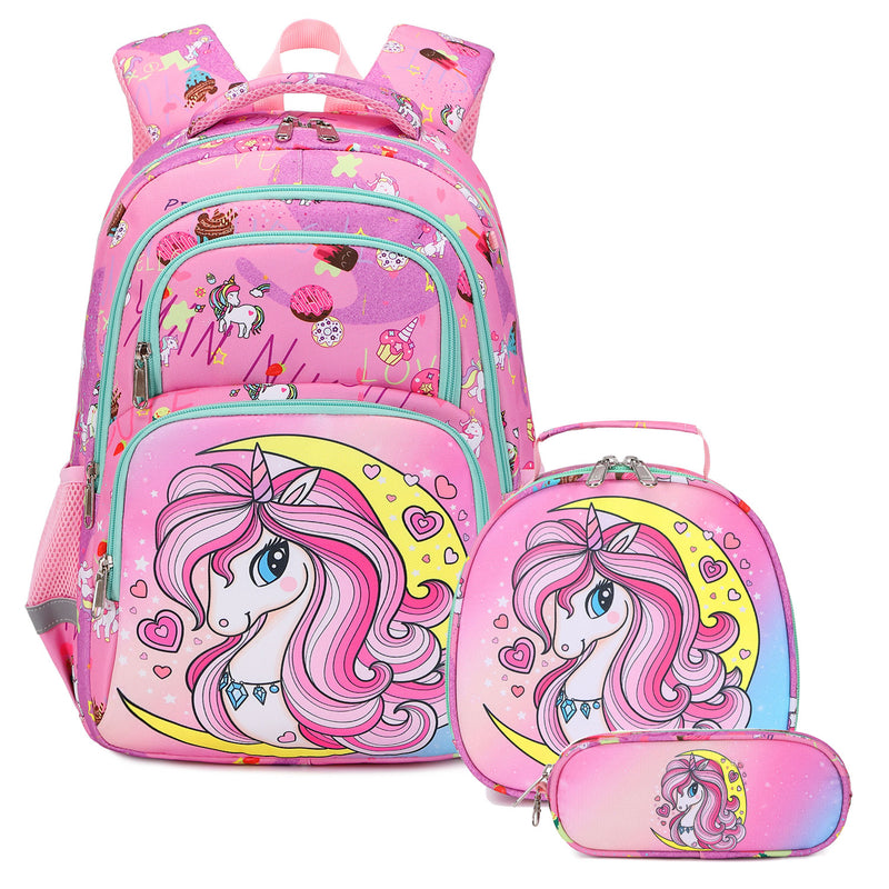 Pink Unicorn Kids Ergonomic Backpack Bundle for Girls