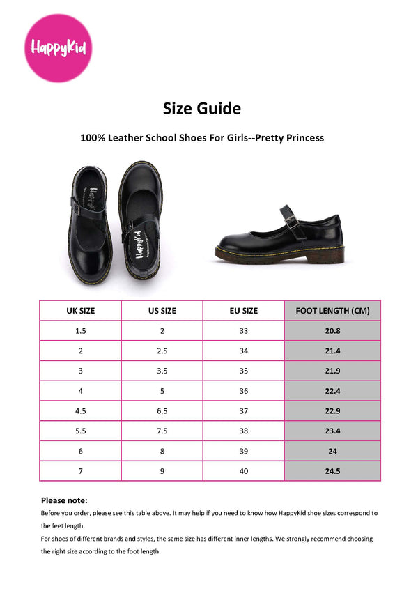 HappyKid School Shoes Size Guide Pretty Princess